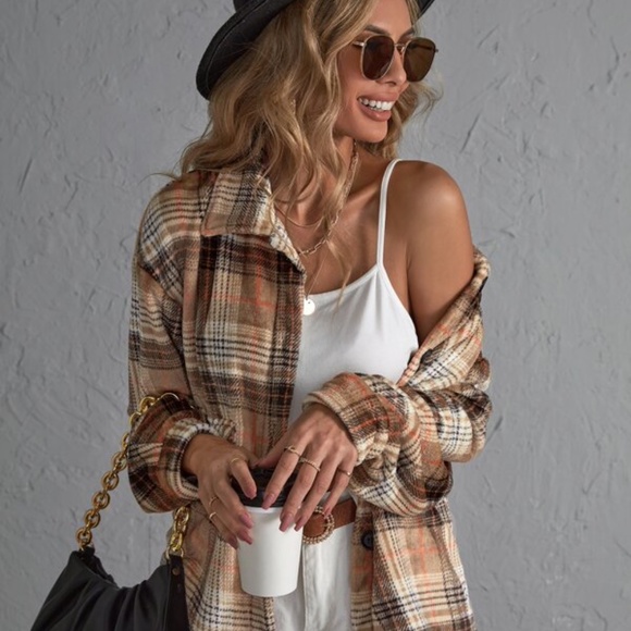 Camel Brown Plaid Oversized Button up Jacket Shacket - Picture 4 of 4